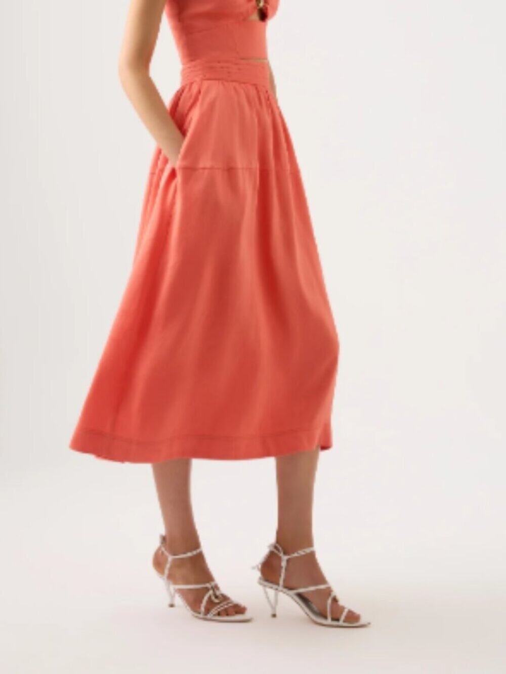 Aje Shelly Flare Tuck Midi Skirt Linen in Coral Sz US 2 AU 6